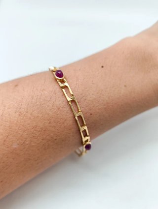 Pulsera Oro 18k Eslabon rectangular piedras rojas