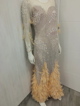 Vestido de fiesta largo con pedrería y plumas