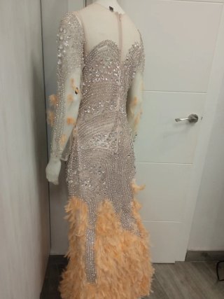 Vestido de fiesta largo con pedrería y plumas