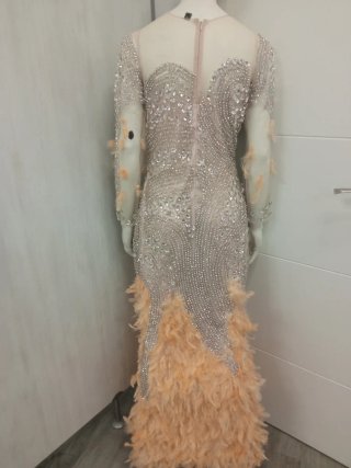 Vestido de fiesta largo con pedrería y plumas