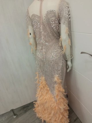 Vestido de fiesta largo con pedrería y plumas