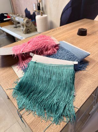 Lote mercería flecos rosa y azul, verde