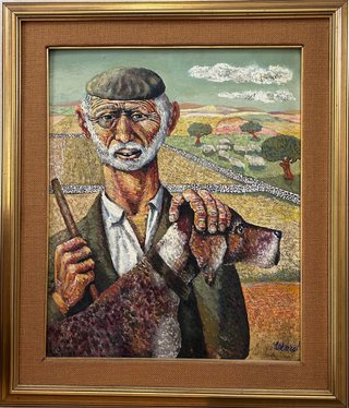 Cuadro al óleo firmado: Campesino con perro