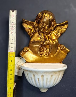 Acquasantiera angelo legno e ceramica 18x12 circa