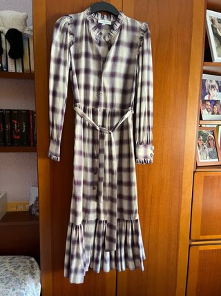 Vestido camisero cuadros beige y morado