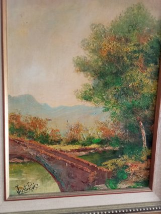 Cuadro de paisaje con puente y árbol " Pedro Ruiz"