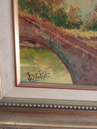 Cuadro de paisaje con puente y árbol " Pedro Ruiz"