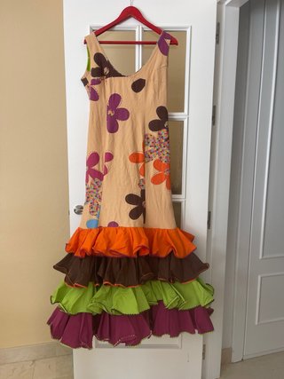 Vestido Gitana Beige Multicolor Flores Volantes