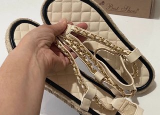 Sandalias T-Strap Alpargata Cadena Beige 38
