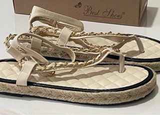 Sandalias T-Strap Alpargata Cadena Beige 38