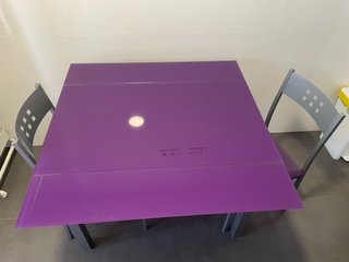 Mesa extensible cristal/aluminio y 2 sillas