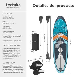 Tabla paddleboard hinchable, turquesa, naranja 288x77x22,5cm