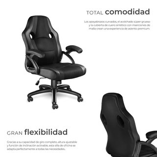 Silla gaming de escritorio giratoria con respaldo ajustable, negro
