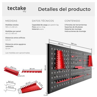 Tablero perforado para herramientas con 25 accesorios 120 x 3 x 60 cm