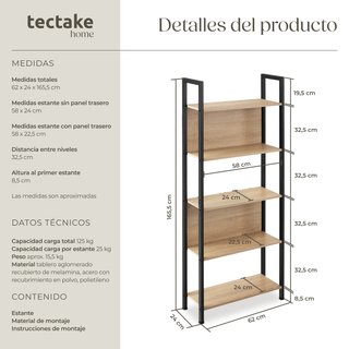 Estantería industrial 4 baldas 2 paredes 62x24x165,5 cm madera clara