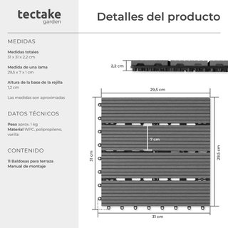 Set de 11 baldosas para terraza, sistema de clic 31x31x2,2 cm, gris