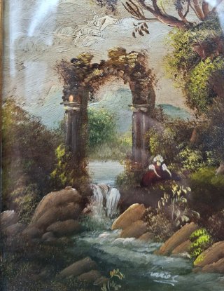Cuadro Óleo Cobre Paisaje Ruinas y Figura