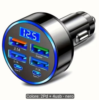 Caricatore Auto USB C 12.5V LED 6 Porte