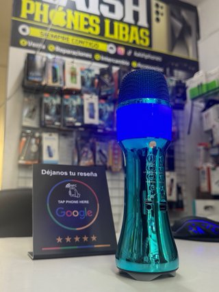 Altavoz con micro karaoke azul y plateado