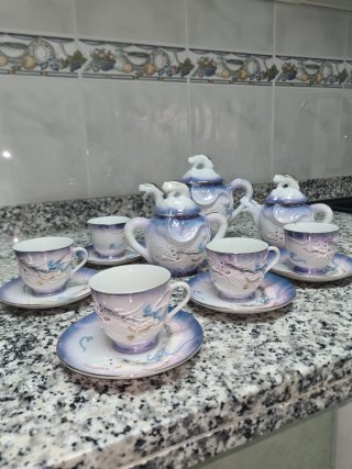 Juego de café porcelana dragón azul y blanco