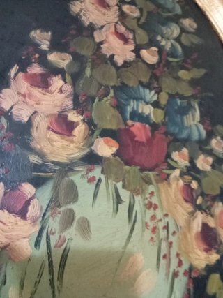 Antiguo óleo floral con marco dorado