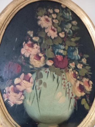 Antiguo óleo floral con marco dorado