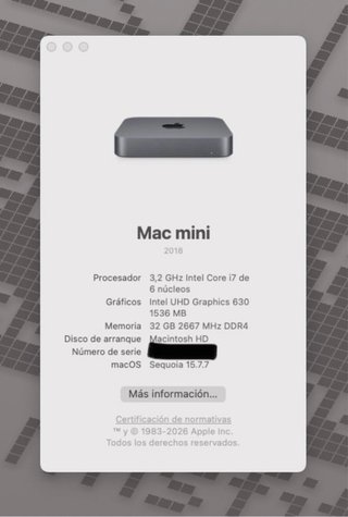 Mac mini 2018 i7 32GB 2TB  Sin teclado Sin ratón