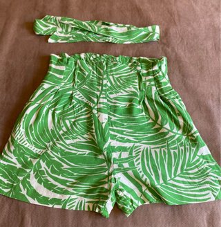 Shorts Mango S verde estampado hojas lazo