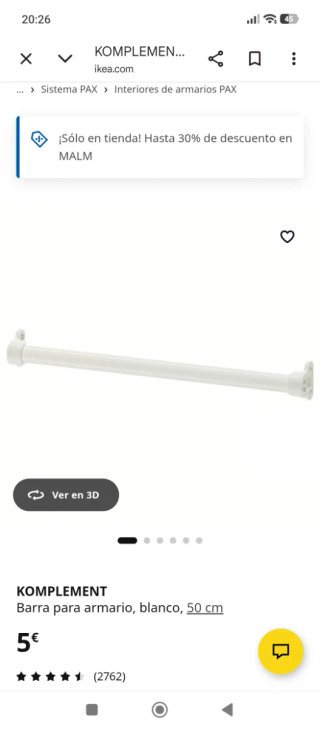 Barra armario Komplement Ikea blanca 50 cm IKEA