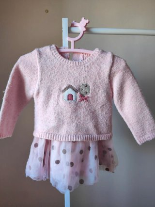 Vestido bebé rosa punto y tul lunares