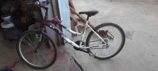 Bicicleta de montaña morada y blanca