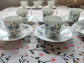 Juego 5 Tazas de café Porcelana Limoges Flores Azu