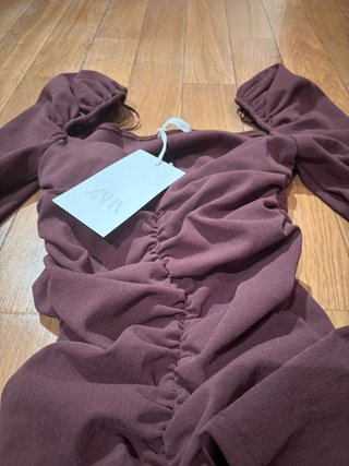 Vestido ZARA drapeado corto marrón T. S