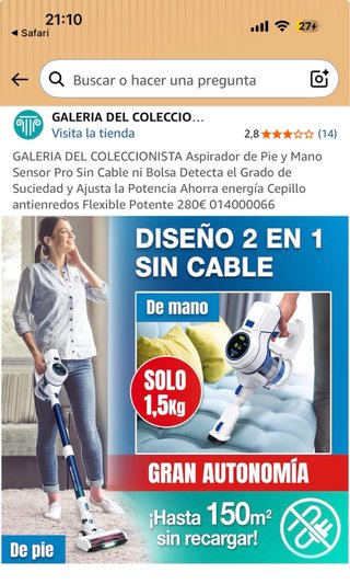 Aspiradora Pie y Mano Sensor Pro