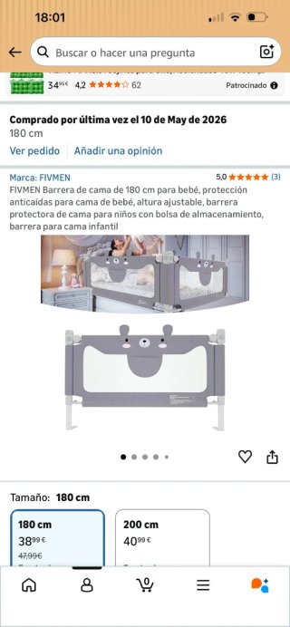 Barrera de cama 180 cm para bebé