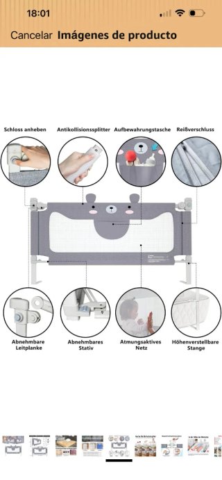 Barrera de cama 180 cm para bebé