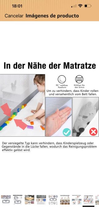 Barrera de cama 180 cm para bebé