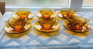 Juego 6 Tazas Café Vintage Vereco Cristal Ámbar