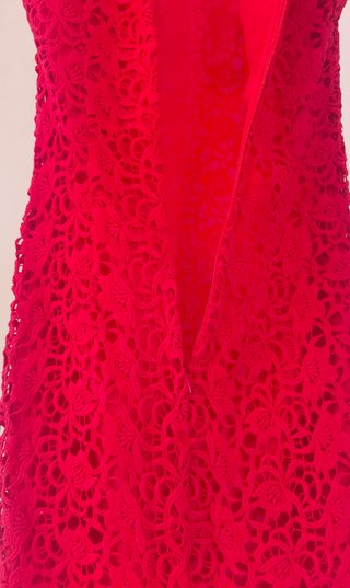 Vestido Mango Rojo Encaje Floral Midi Elegante