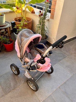 Carretto per bambole rosa e grigio