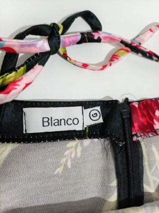 Vestido satinado fiesta Blanco floral negro M/L