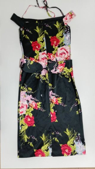 Vestido satinado fiesta Blanco floral negro M/L