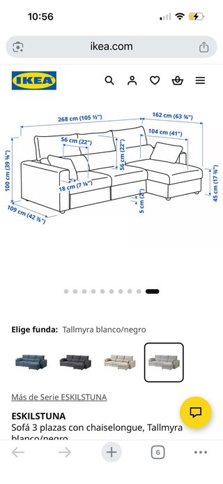 Sofá 3 plazas Chaiselongue IKEA Gris Tela