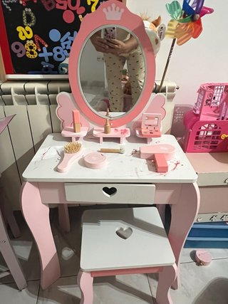 Tocador infantil madera rosa y blanco