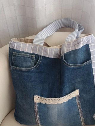 Bolso Tote de tela vaquera y rayas