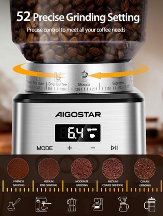 Aigostar Molinillo Café 52 Ajustes LCD 180W Nuevo