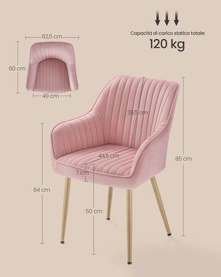 Silla de Comedor, Silla de Cocina, Sillón de Terciopelo Acolchado con Reposabrazos, Soporta 120 Kg, Patas de Metal, para Comedor, Cocina, Rosa Pastel y Dorado Pálido LDC087R01