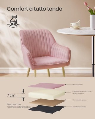 Silla de Comedor, Silla de Cocina, Sillón de Terciopelo Acolchado con Reposabrazos, Soporta 120 Kg, Patas de Metal, para Comedor, Cocina, Rosa Pastel y Dorado Pálido LDC087R01