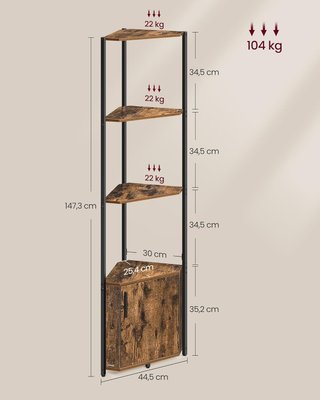 Estantería Esquinera Con Contenedor, Librería Esquinera Con 5 Estantes, Estante Esquinero, para Sala De Estar, Dormitorio, Cocina, Baño, Marrón Vintage Y Negro Tinta LBC580K01