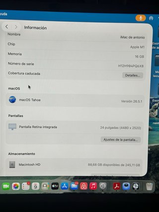 Imac Apple 24’’ M1, 256 gigas, 16 ram.